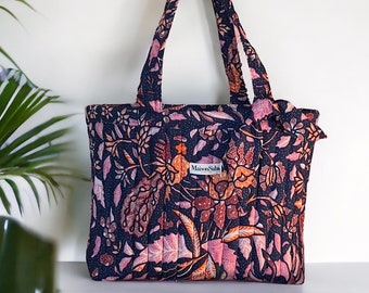 Floral quilted tote bag, Bali batik fabric, weekender size