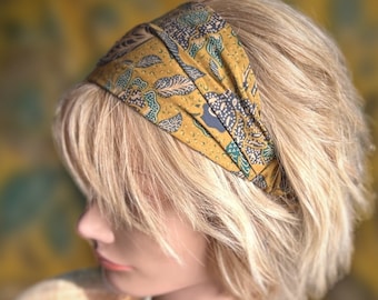 Boho floral hairband, mustard cotton batik, stretchable