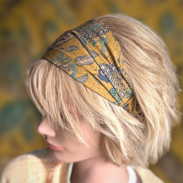 Boho floral hairband, mustard cotton batik, stretchable