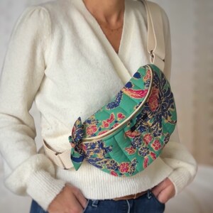 Large fanny pack with floral design in blue and pink, oversize banana bag image 7