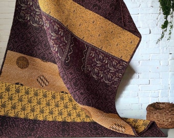 Colored rug, mustard and plum motif, hand-printed batik, boho style