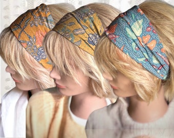 Floral boho headband, authentic hand printed batik, stretchable.