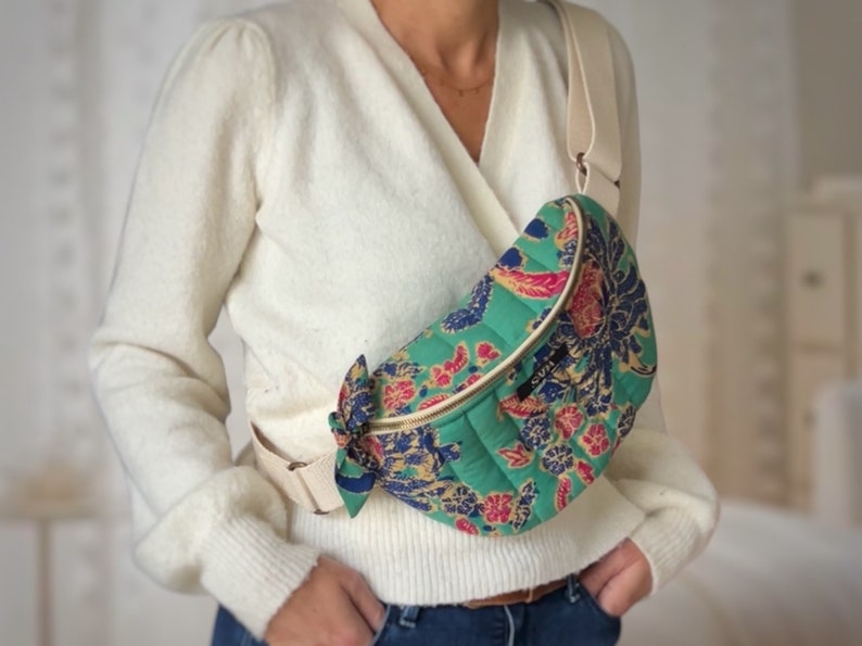 Large fanny pack with floral design in blue and pink, oversize banana bag image 7