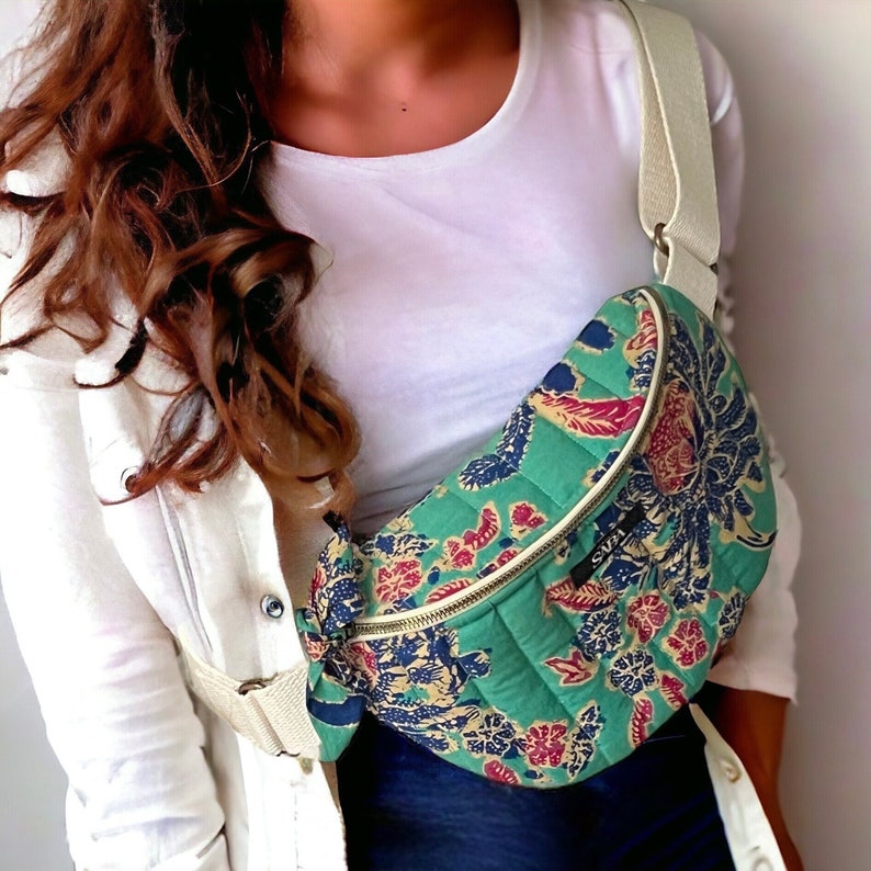 Large fanny pack with floral design in blue and pink, oversize banana bag image 1