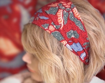 Bandeau cheveux fleuri rouge, coton batik bali, extensible