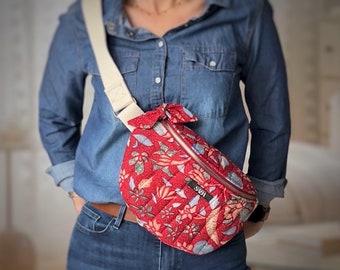 Women's belt bag, red quilted floral cotton, Balinese batik