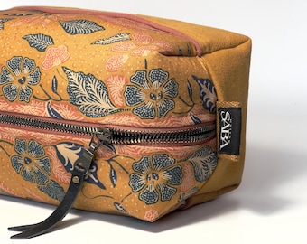 Floral makeup bag, Indonesian batik, mustard and terracotta