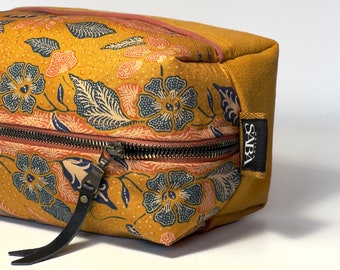 Floral makeup bag, Indonesian batik, mustard and terracotta