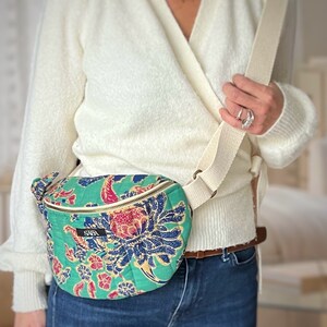 Large fanny pack with floral design in blue and pink, oversize banana bag image 4