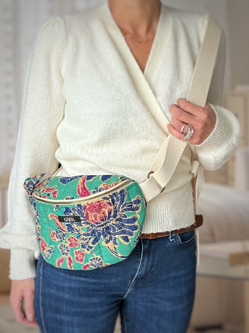 Large fanny pack with floral design in blue and pink, oversize banana bag image 4