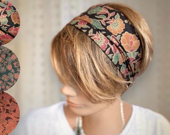 Bandeau cheveux femme, tissu fleuri liberty batik, extensible