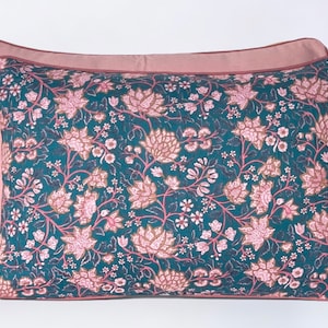 Boho floral pillow case, hand block Indonesian batik, petrol blue and blush pink