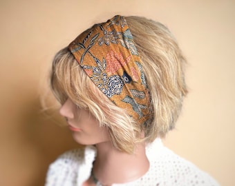 Bohemian hairband, ochre floral balinese fabric, Indonesian batik, fabric headband