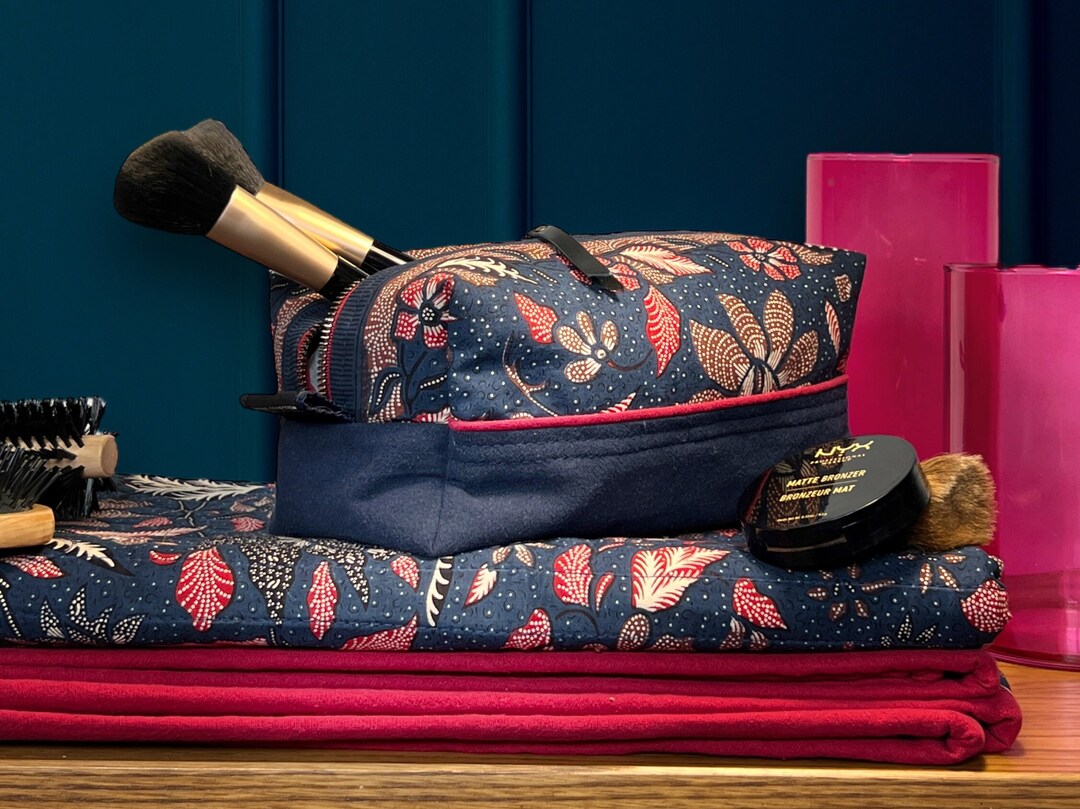 Women's Toilet Bag, Indigo Blue Floral Motif, Balinese Batik