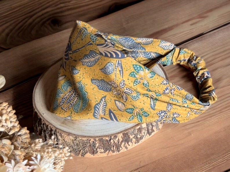 Boho floral hairband, mustard cotton batik, stretchable image 2