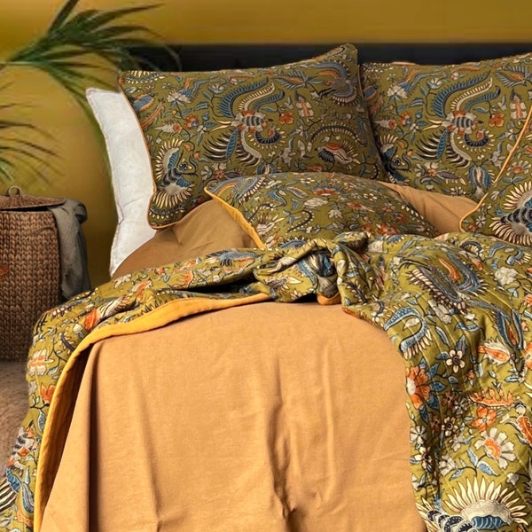Plaid Cocooning exotique, linge de lit à motif floral, jaune moutarde et vert kaki