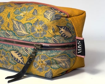 Floral toiletry bag, indonesian batik, mustard yellow