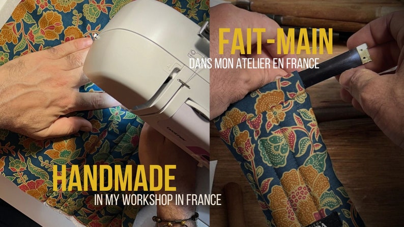 May include: A close-up of a sewing machine stitching a colorful fabric with a floral pattern. The text "HANDMADE IN MY WORKSHOP IN FRANCE" is visible below the fabric. The image is split in half, with the right side showing a hand holding a wooden object wrapped in the same fabric. The text "FAIT-MAIN DANS MON ATELIER EN FRANCE" is visible above the object.