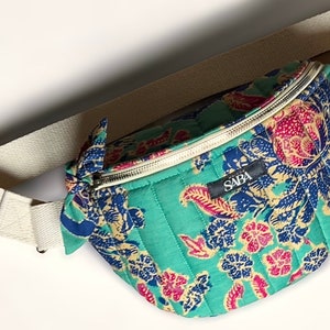 Large fanny pack with floral design in blue and pink, oversize banana bag image 2