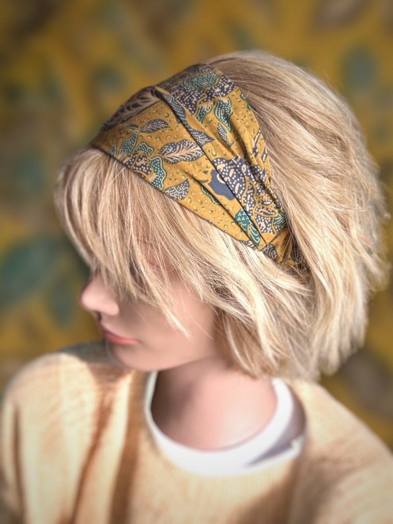 Boho floral hairband, mustard cotton batik, stretchable image 1