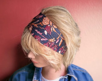 Wax fabric headband, bohemian floral motif, indigo blue