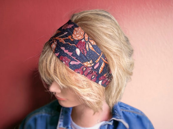 Bandeau wax bali, motif fleuri bohème, bleu indigo