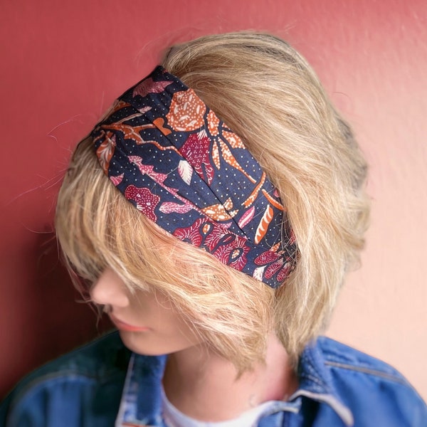 Wax fabric headband, bohemian floral motif, indigo blue