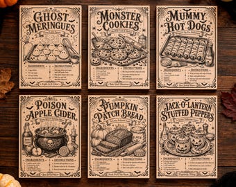 Paquete de recetas de Halloween en formato SVG, 10 diseños PNG de cocina espeluznante, archivos para grabado láser, colección de pizarras de recetas vintage.