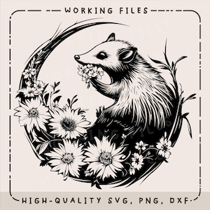 Opossum SVG, Opossum mit Blumen PNG, Tiervektordesign, Lasergravierer, Clip Art PNG, Schneidebretter, digitaler Download