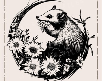 May include: Black and white illustration of a possum eating flowers in a circle of flowers. The possum is in the centre of the circle and is surrounded by flowers. The image is in a minimalist style.