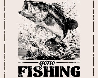May include: A monochrome illustration of a largemouth bass jumping from water. The image features the text "gone FISHING" in a bold font, and "HIGH-QUALITY SVG, PNG" at the bottom. The design is framed with a dashed border.