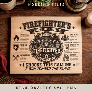 May include: A rectangular light-coloured wooden plaque featuring a black engraved Firefighter's Code of Honour design. The centre displays a firefighter helmet emblem with axes, a ladder, and a hydrant, surrounded by text and icons for service, courage, and duty.