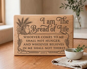 Soy el Pan de Vida (SVG), diseño del versículo bíblico Juan 6:35, archivo PNG para tabla de cortar cristiana, archivos para grabado láser.