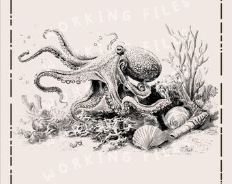 Octopus SVG, Ocean Animals Design, Reef Clipart PNG, Laser Engraving Files, Cutting Boards svg