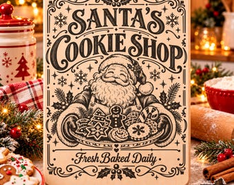 Santa’s Cookie Shop SVG, Christmas Bakery Sign PNG, Holiday Kitchen Laser Engraving File, Vintage Santa Sign