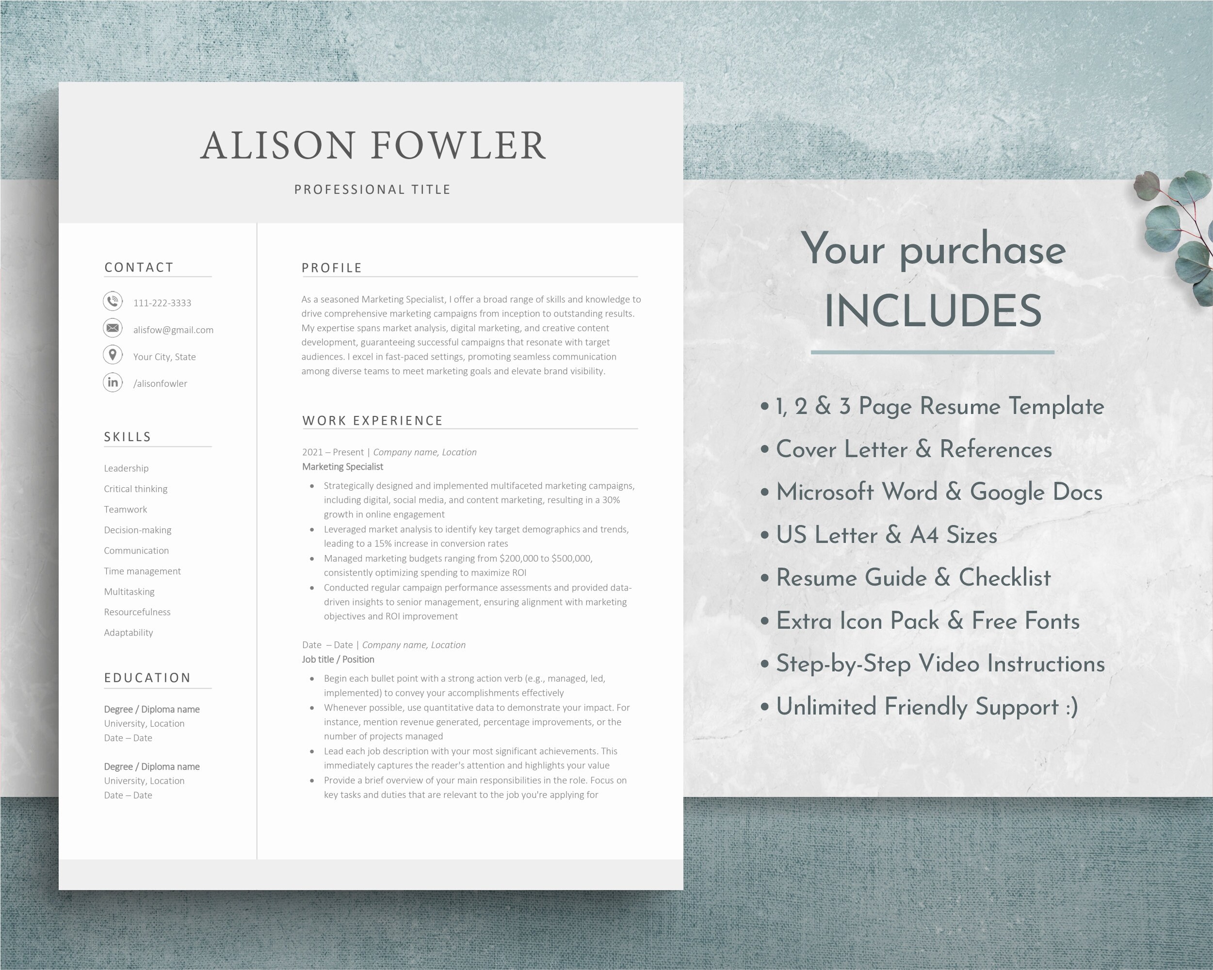 Professional Resume Template for Word & Google Docs, Modern Resume ...