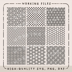 May include: A collection of nine black and white geometric patterns. The patterns include various shapes like hexagons, diamonds, and curves. The text "WORKING FILES" and "HIGH-QUALITY SVG, PNG, DXF" are displayed.