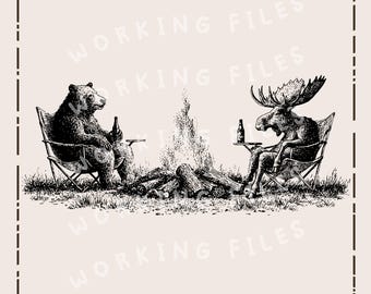 Amigos de la fogata con cerveza SVG, diseño PNG de camping, imágenes prediseñadas de oso y alce, archivos para grabado láser