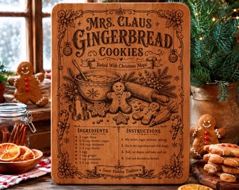 Receta de galletas de jengibre de la Sra. Claus en formato SVG, letrero navideño para hornear en formato PNG, archivo para grabado láser de cocina navideña, diseño de tablero de recetas vintage.