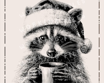 May include: A monochrome illustration of a raccoon wearing a Santa hat, holding a mug. The image features detailed fur textures and is set against a neutral backdrop. Text includes "WORKING FILES" and "HIGH-QUALITY SVG, PNG".