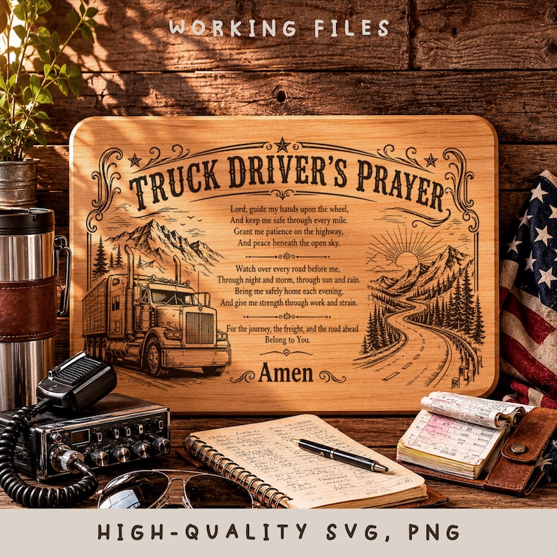 May include: A rectangular wooden plaque featuring a laser-engraved Truck Driver's Prayer, a semi-truck illustration, mountain scenery, and a winding road. The text reads: Truck Driver's Prayer, Lord, guide my hands upon the wheel, and Amen.