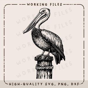 Pelikan auf Dock Piling SVG, Meer Vektor-Design, Lasergravierer, Clip Art PNG, Cnc, Schneidebretter, digitaler Download