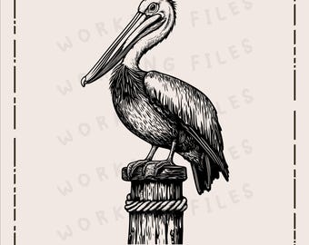 Peut inclure: Un dessin au trait noir et blanc d'un pélican perché sur un poteau en bois. Le pélican a un long bec et un corps volumineux. Le poteau est usé et une corde est enroulée autour de lui.