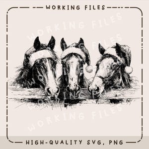 Peut inclure: Illustration en noir et blanc de trois chevaux portant des bonnets de P&egrave;re No&euml;l, regardant par-dessus une cl&ocirc;ture en bois. Le texte &laquo;&nbsp;WORKING FILES&nbsp;&raquo; et &laquo;&nbsp;HIGH-QUALITY SVG, PNG&nbsp;&raquo; est inclus.