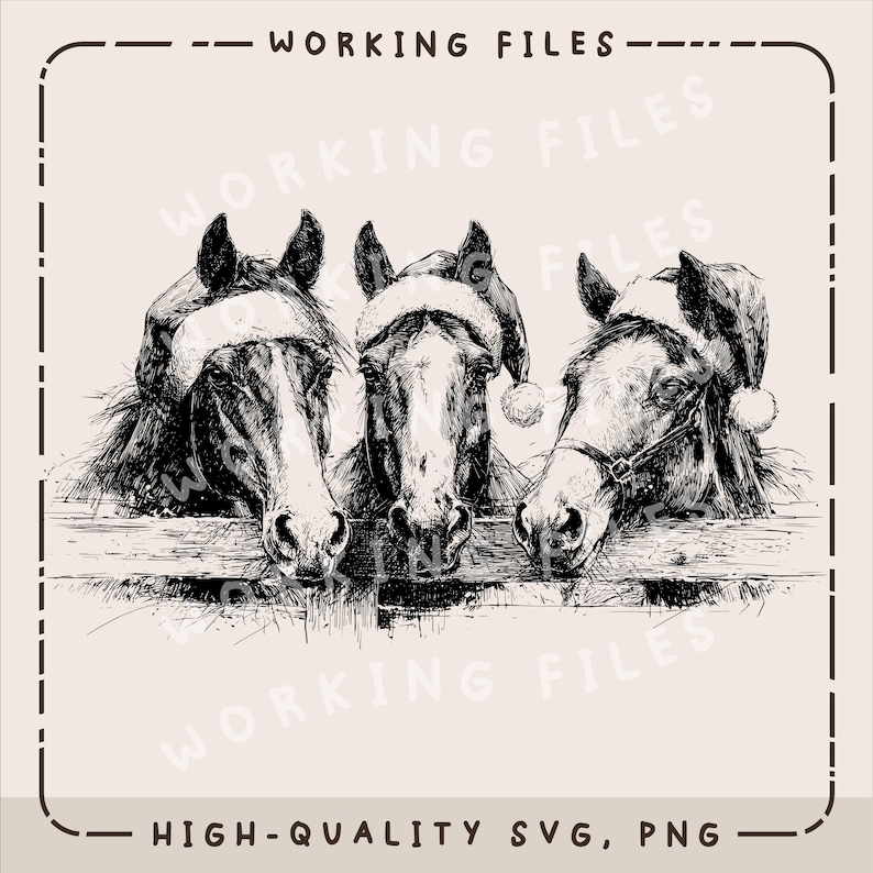 Peut inclure: Illustration en noir et blanc de trois chevaux portant des bonnets de P&egrave;re No&euml;l, regardant par-dessus une cl&ocirc;ture en bois. Le texte &laquo;&nbsp;WORKING FILES&nbsp;&raquo; et &laquo;&nbsp;HIGH-QUALITY SVG, PNG&nbsp;&raquo; est inclus.