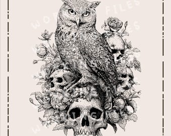 Owl on Skull SVG, Floral Cutting Boards svg, Spooky Halloween Design, Laser Engraved File, Charcuterie Board, Clip art PNG, Digital Download