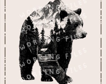 May include: Black and white illustration of a bear with a mountain and forest scene inside its silhouette. The image includes the text "WORKING FILES" at the top and "HIGH-QUALITY SVG, PNG" at the bottom.