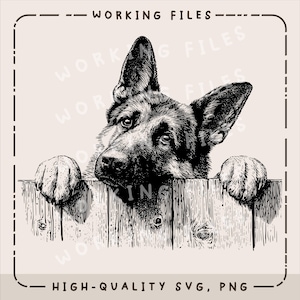 May include: Black and white illustration of a German Shepherd dog peeking over a wooden fence. The dog's paws rest on the fence, and the image includes the text "WORKING FILES" and "HIGH-QUALITY SVG, PNG".