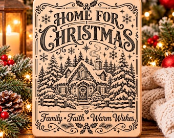 Home for Christmas SVG, Cozy Winter Cottage PNG, Family Faith Holiday Laser Engraving File, Rustic House Sign