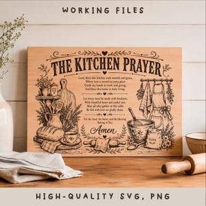 Peut inclure: Une planche à découper rectangulaire en bois avec une gravure laser intitulée The Kitchen Prayer. L'illustration comprend un pain, un bol, un fouet, un tablier et des motifs floraux, avec le texte Amen inscrit en bas de la planche.